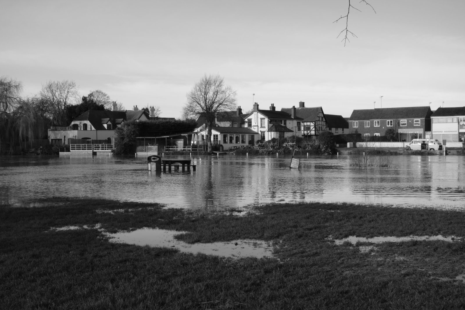 Flooded river banks in Warwickshire, England
